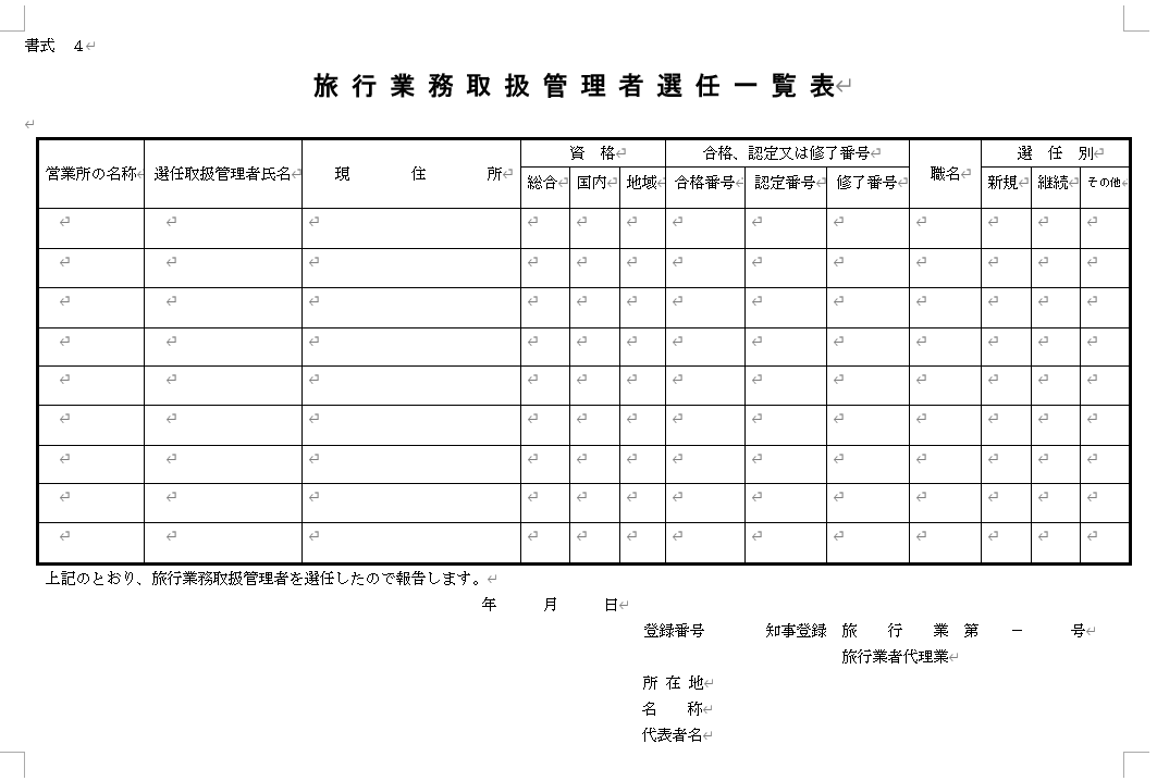 旅行業務取扱管理者選任一覧表